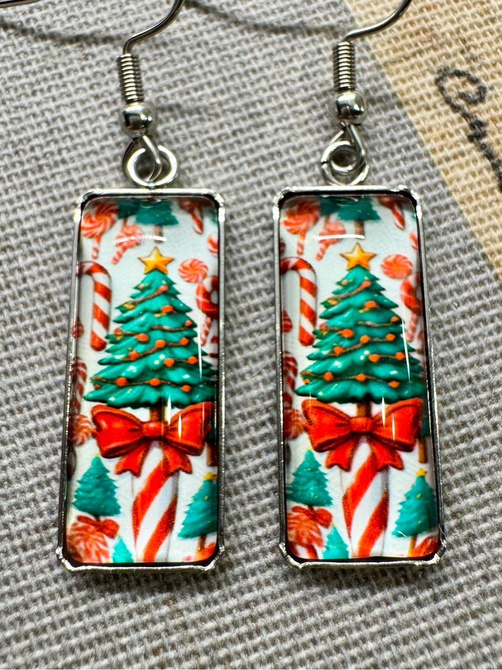 New Christmas Tree, Red Bow, Candy Cane Theme Cabochon Dangle Earrings - 1.75”